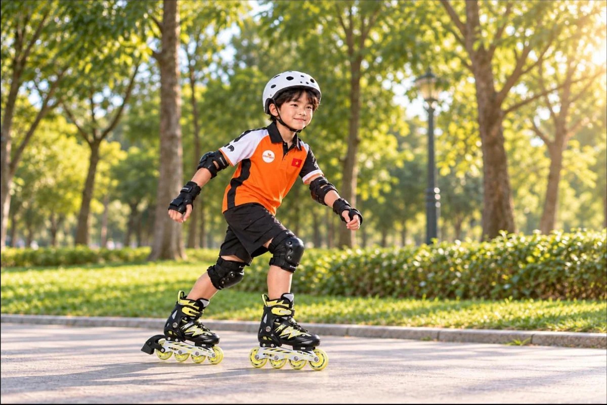 Bé trai trượt patin với giày Cougar 835L màu đen vàng trong công viên