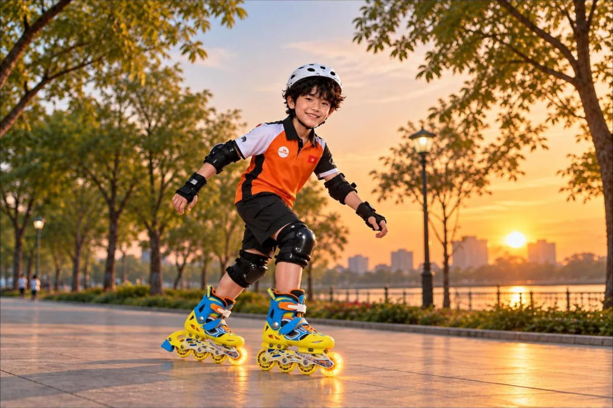 Bé trai trượt patin lúc hoàng hôn với giày Cougar 835LSG có bánh trước phát sáng