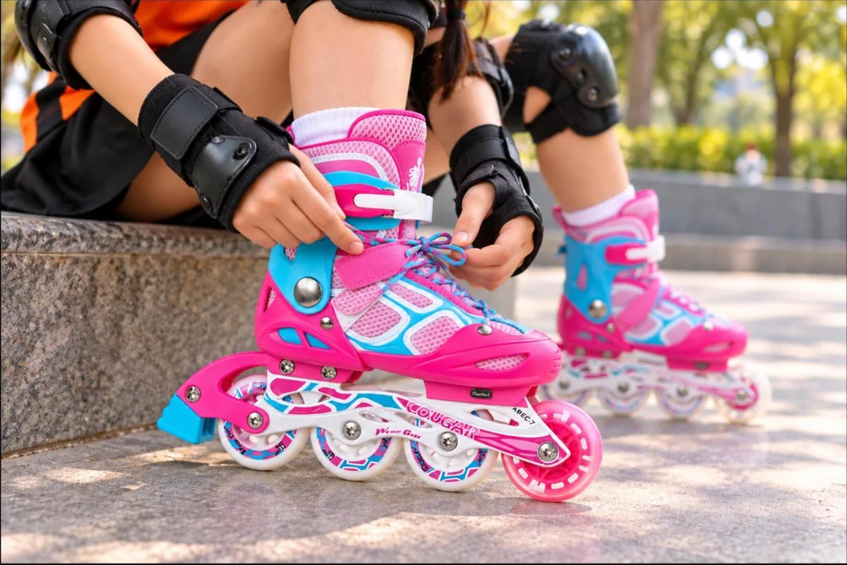 Bé gái buộc dây và dán khoá giày patin trẻ em Cougar 835LSG màu hồng xanh ngọc
