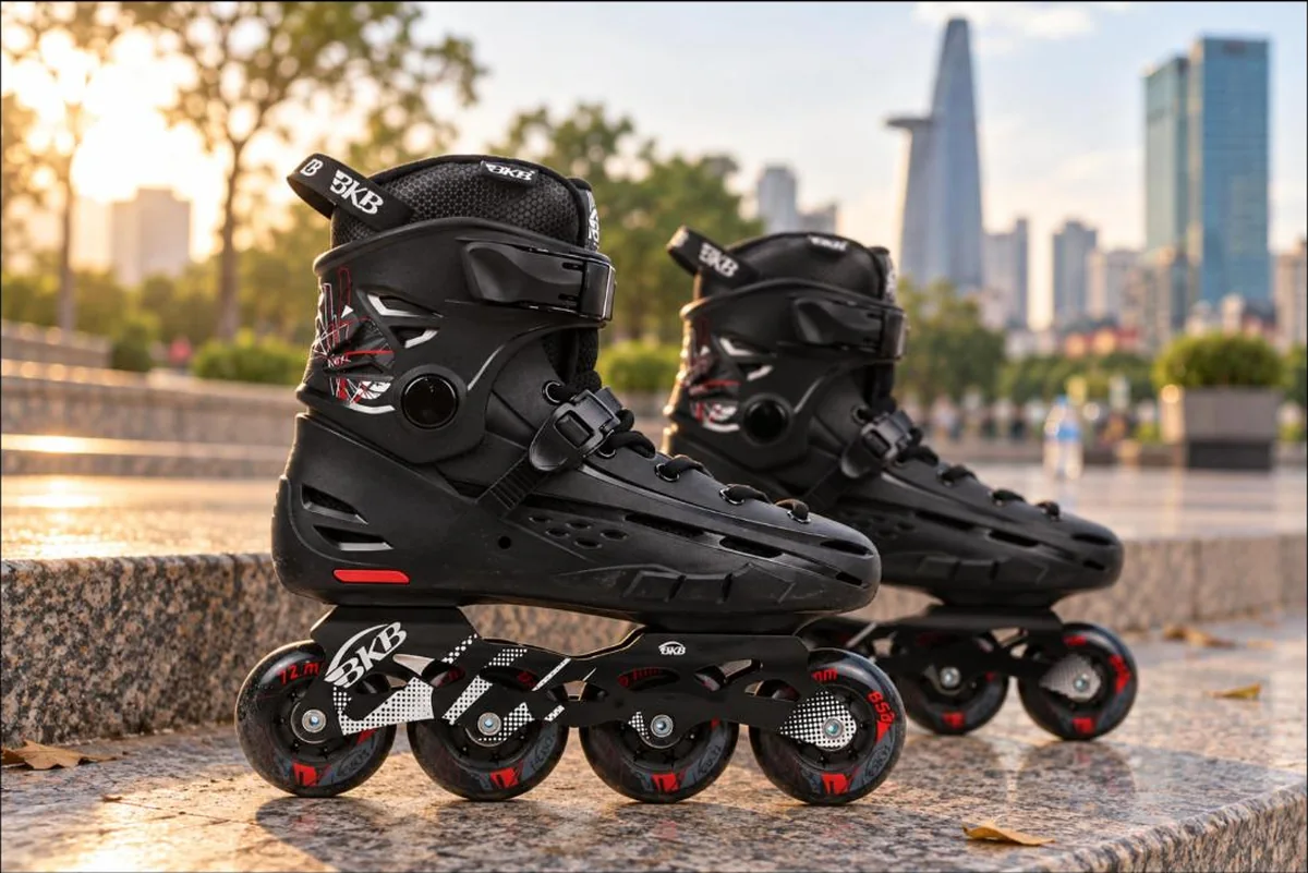 Cận cảnh frame nhôm BKB và bánh 85A của giày patin Flying Eagle BKB B5S màu đen