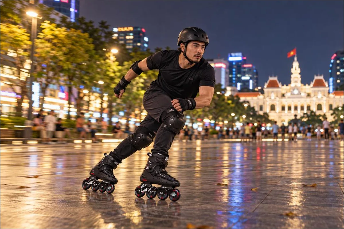 Chàng trai trượt patin qua khúc cua trên phố đi bộ buổi tối với giày patin Flying Eagle BKB B5S màu đen