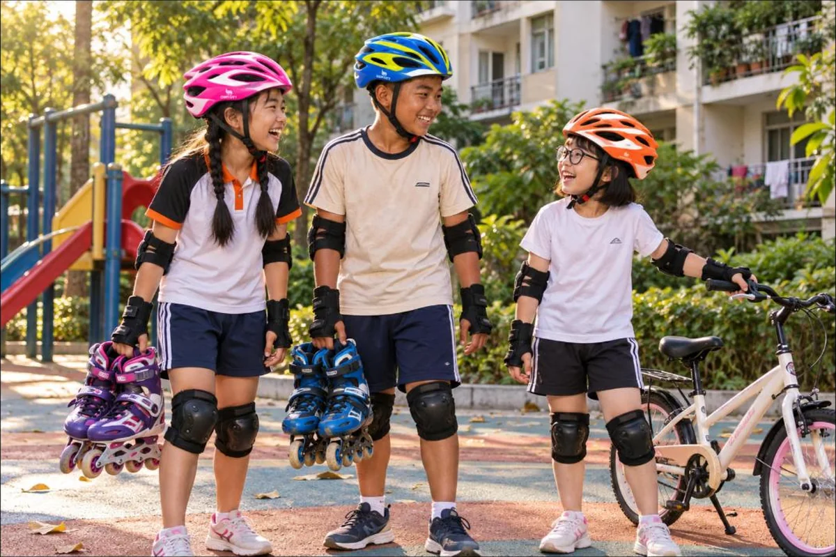 Ba bạn nhỏ đội mũ bảo hộ patin Centosy MS020 màu hồng, xanh, cam ở sân chơi chung cư