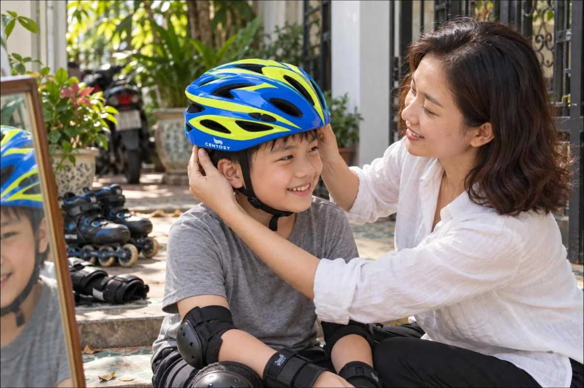 Mẹ đội thử mũ bảo hộ patin Centosy MS020 màu xanh cho con trai ở hiên nhà