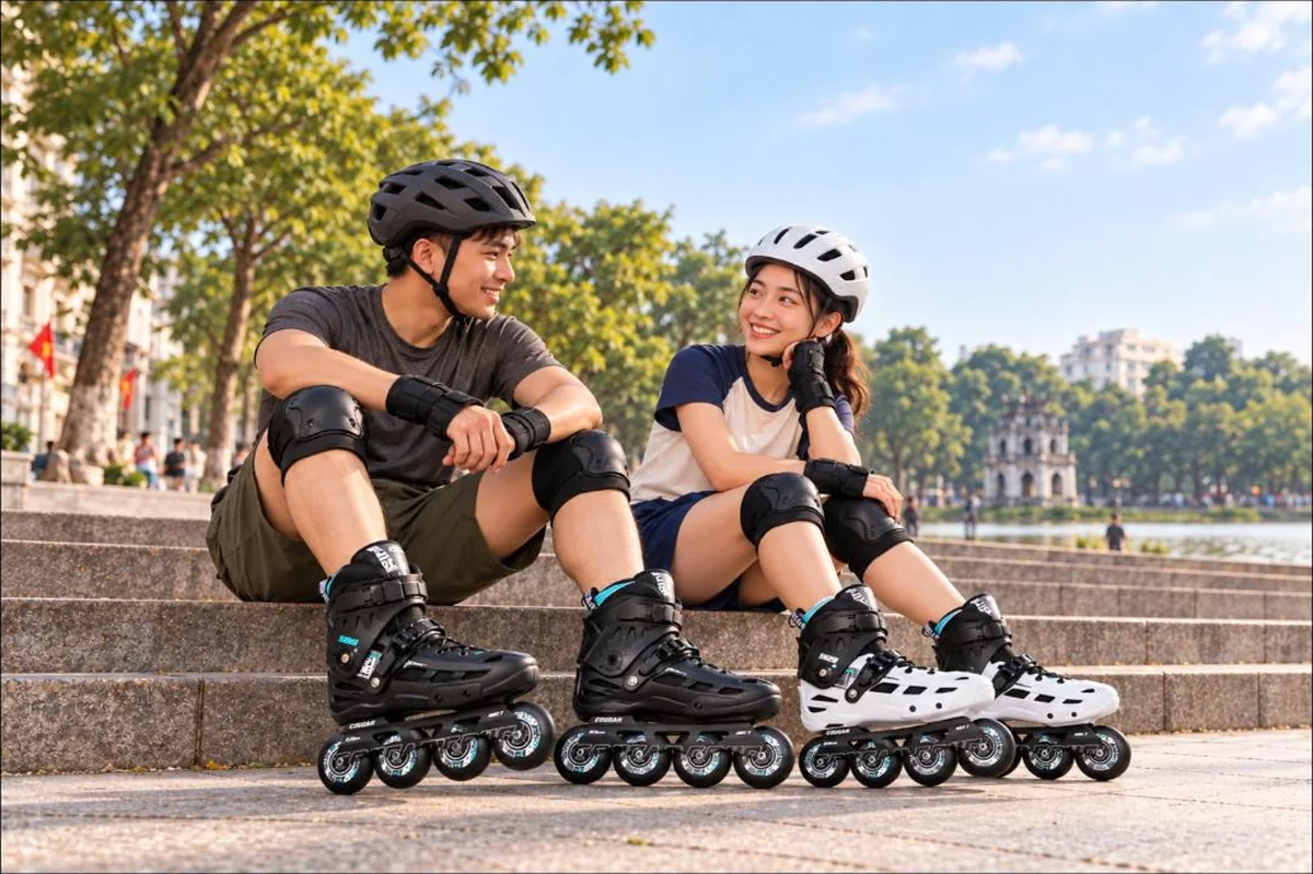 Đôi bạn trẻ ngồi nghỉ ở phố đi bộ với giày patin người lớn Cougar MZS 509C màu đen và trắng