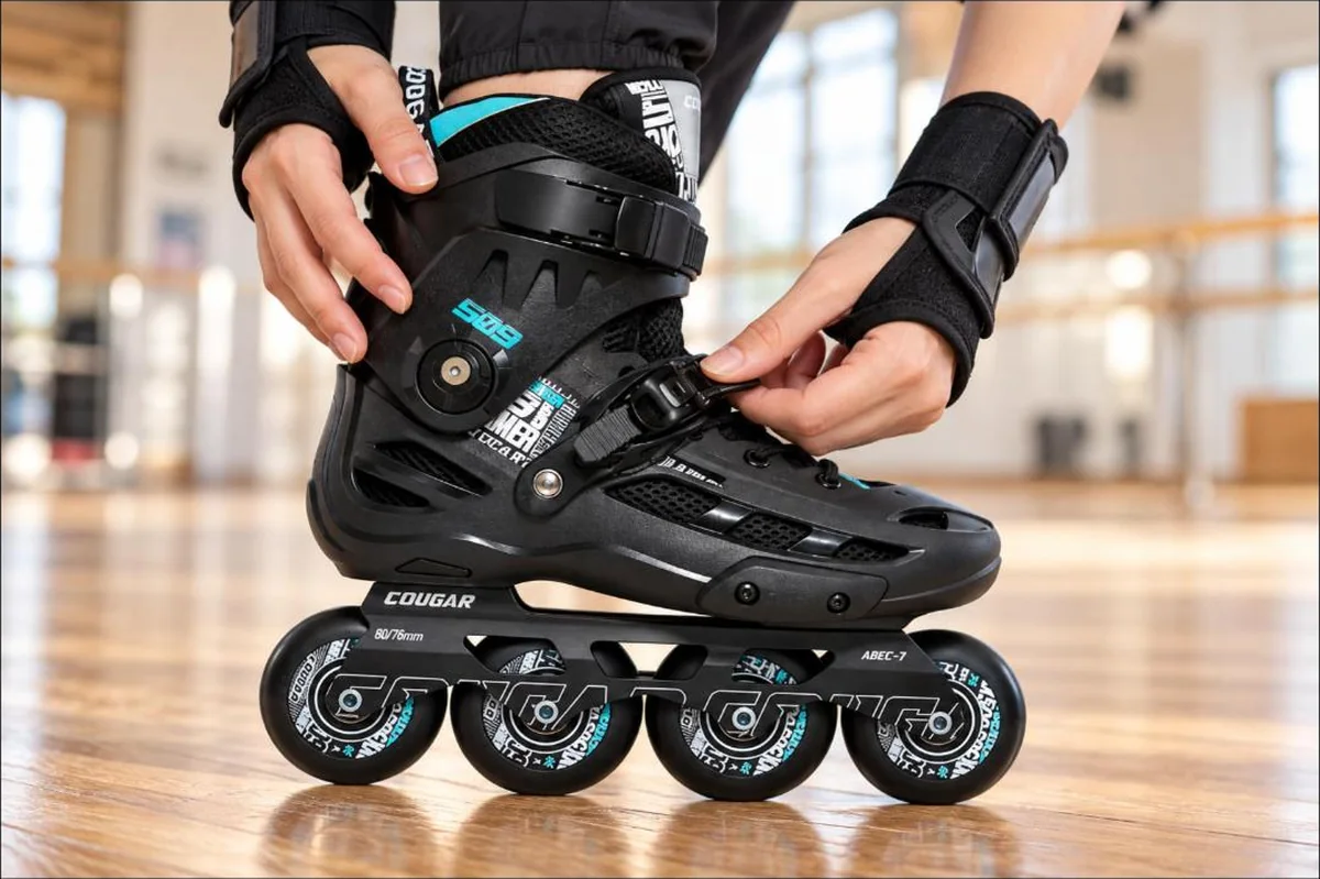 Cận cảnh khoá bán tự động và khung nhôm giày patin người lớn Cougar MZS 509C màu đen