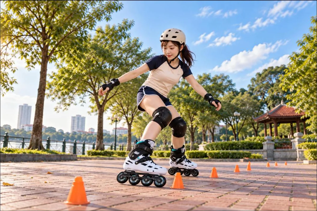 Cô gái trượt slalom xoay qua cọc với giày patin người lớn Cougar MZS 509C màu trắng