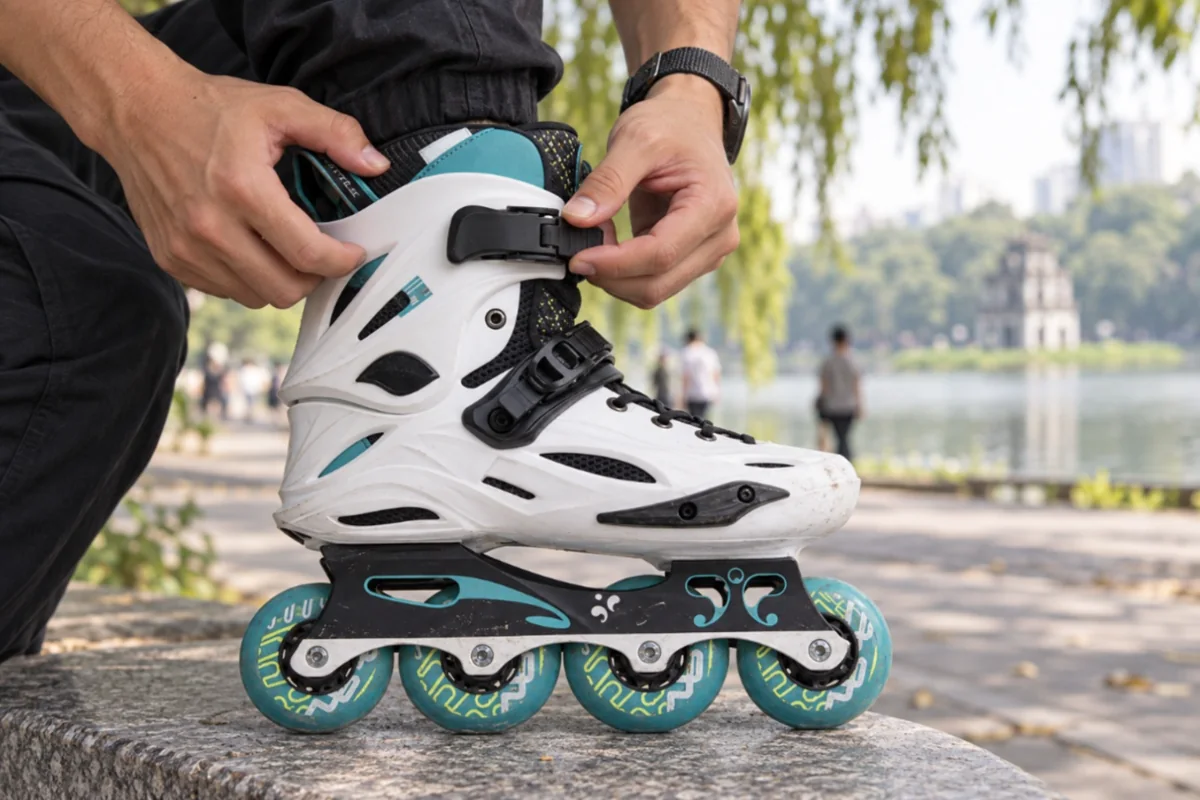 Tay cài khoá cổ giày patin Freestyle M1 màu trắng đặt trên ghế đá ven hồ