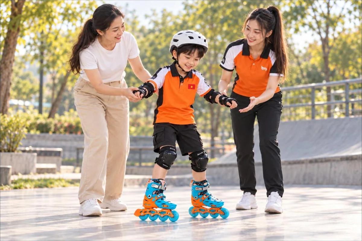 Bé tập những bước trượt patin đầu tiên với giày Centosy Joy Kid CR5 cùng mẹ và HLV