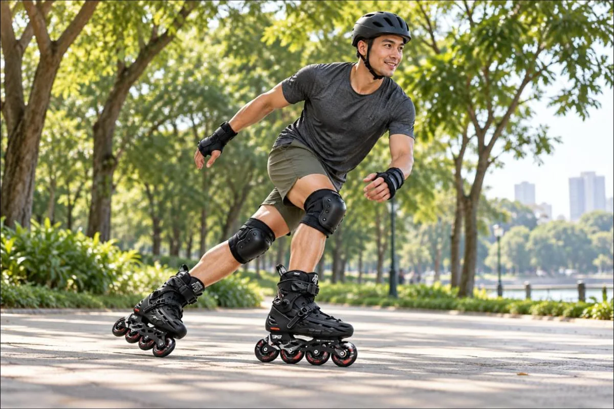Chàng trai trượt patin trong công viên với giày trượt patin Flying Eagle B5S+ màu đen
