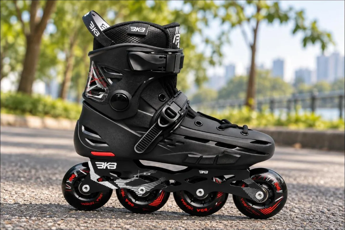 Cận cảnh bánh 85A và khoá thân giày trượt patin Flying Eagle B5S+ màu đen