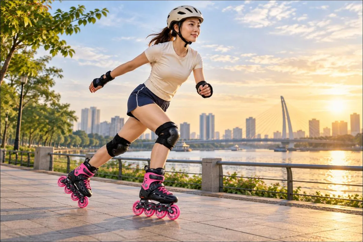 Cô gái trượt patin ven sông buổi sáng với giày trượt patin Flying Eagle B5S+ màu hồng