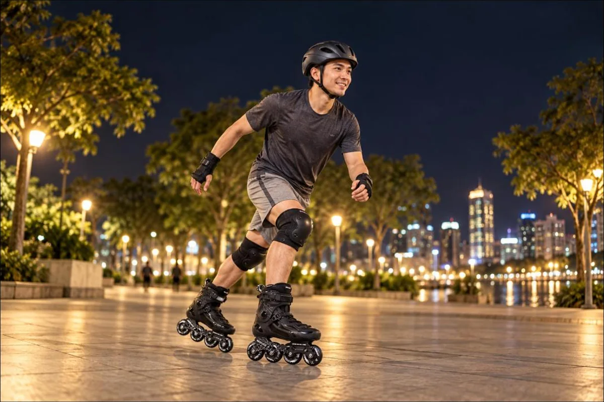Chàng trai trượt patin buổi tối với giày patin người lớn Flying Eagle Rockville E3 màu đen