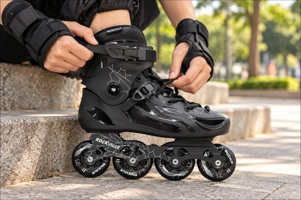 Cận cảnh buộc dây và cài khoá cổ giày patin người lớn Flying Eagle Rockville E3 màu đen