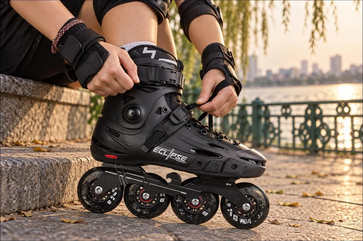 Cận cảnh buộc dây và cài khoá cổ giày patin người lớn Flying Eagle F5 Eclipse bên hồ