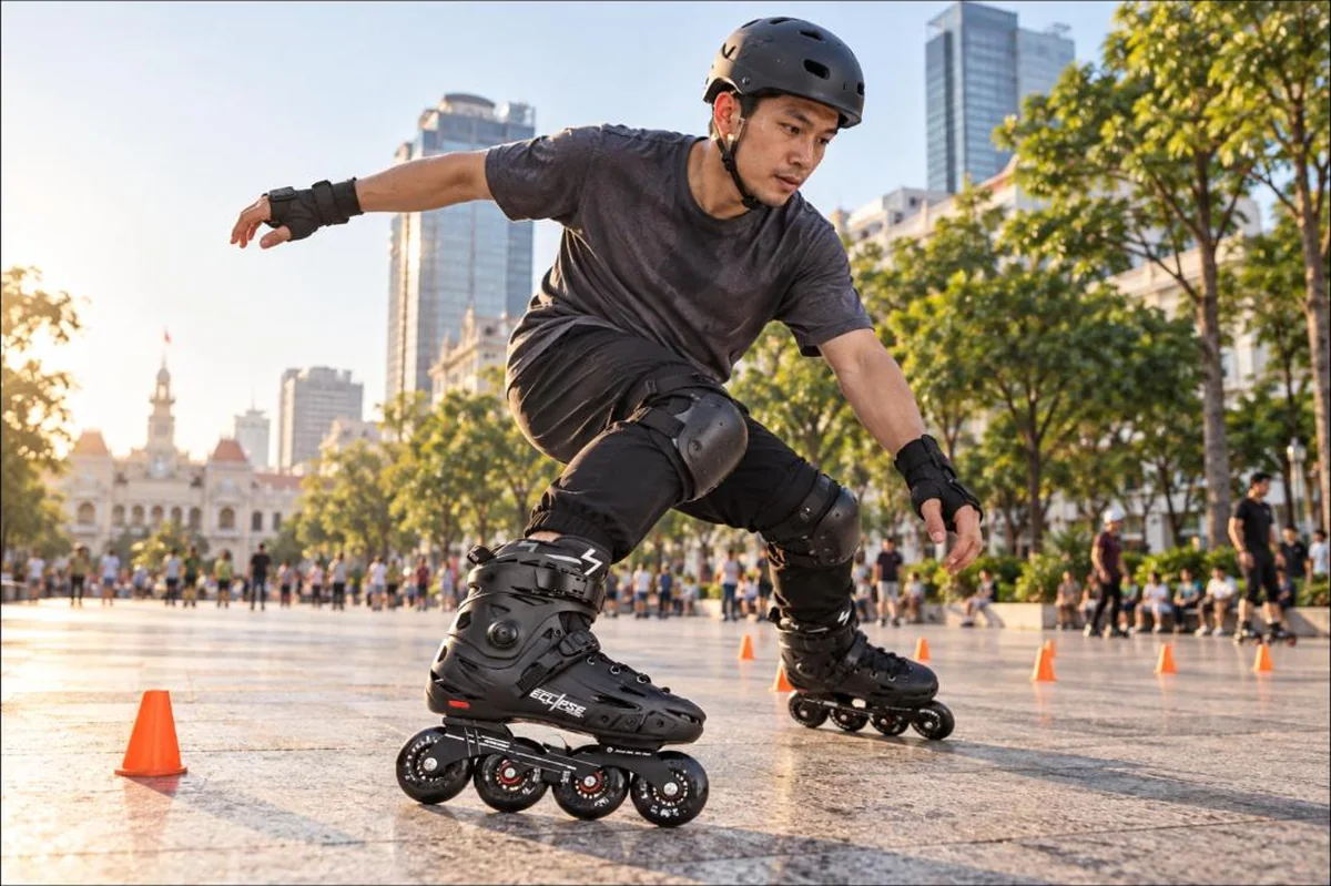 Chàng trai trượt slalom trên phố đi bộ với giày patin người lớn Flying Eagle F5 Eclipse màu đen