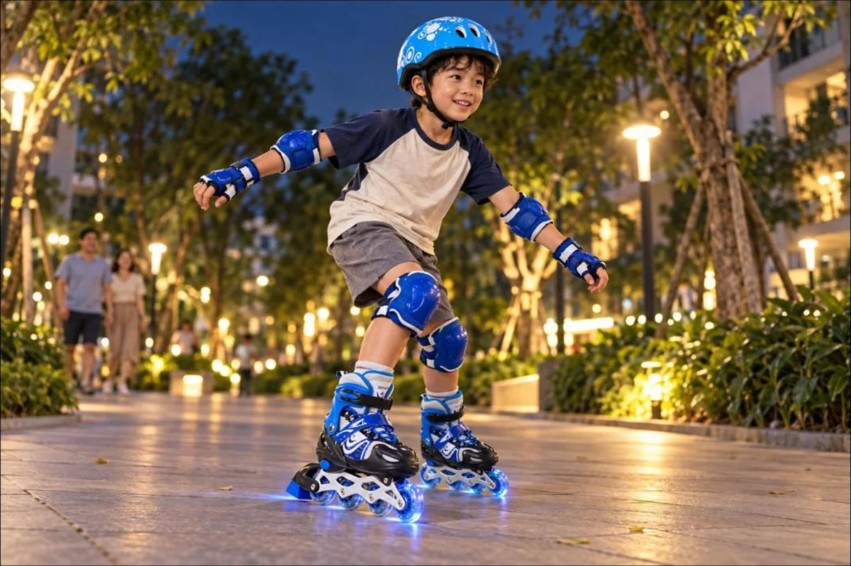 Bé trai trượt patin buổi tối với combo giày patin trẻ em Lianzhi 8806 bánh đèn phát sáng