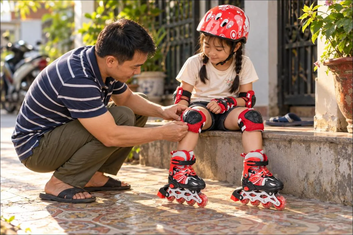 Bố đeo bảo hộ gối cho con gái trước khi trượt với combo giày patin trẻ em Lianzhi 8806