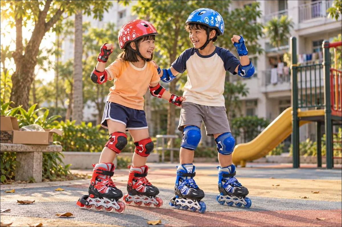 Hai bạn nhỏ mặc đủ bộ combo giày patin trẻ em Lianzhi 8806 màu đỏ và xanh
