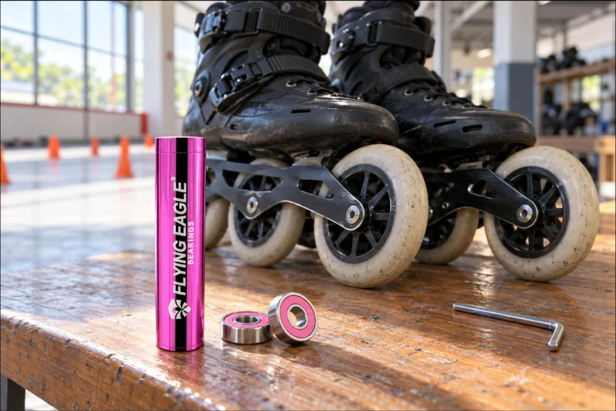 Đôi giày patin ba bánh đặt trên ghế gỗ cạnh ống vòng bi Flying Eagle Pro màu hồng