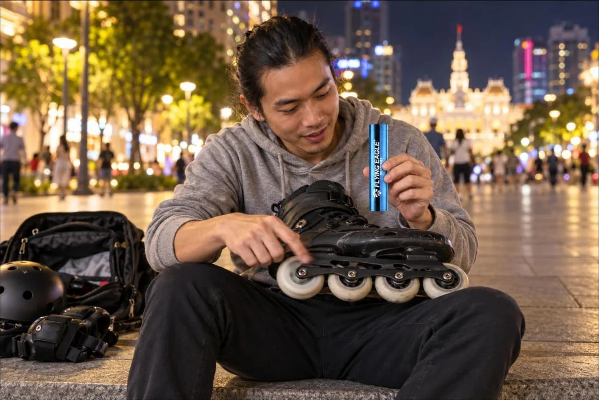 Chàng trai ngồi lề đường quay thử bánh giày patin sau khi thay vòng bi Flying Eagle Pro buổi tối