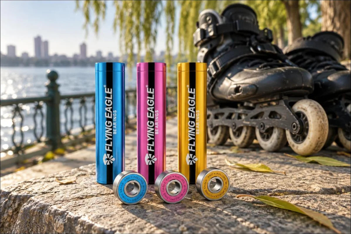 Ba ống vòng bi Flying Eagle Pro màu xanh, hồng, vàng đặt cạnh giày patin bên hồ